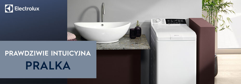 Obraz przedstawia pralkę obok umywalki na blacie. Na grafice widnieje tekst: \'Electrolux Prawdziwie intuicyjna pralka\'.