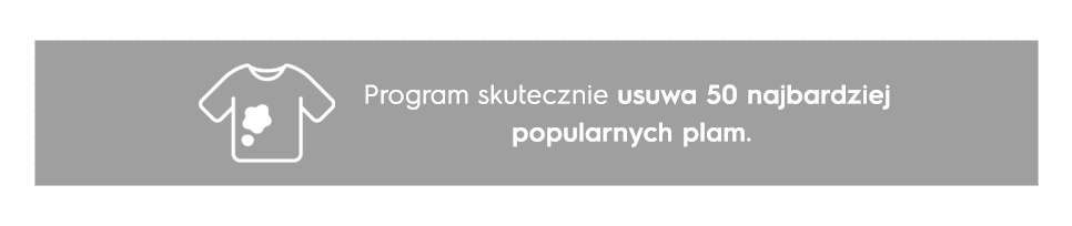 Grafika przedstawia ikonę koszulki z plamą oraz tekst: \'Program skutecznie usuwa 50 najbardziej popularnych plam.\'