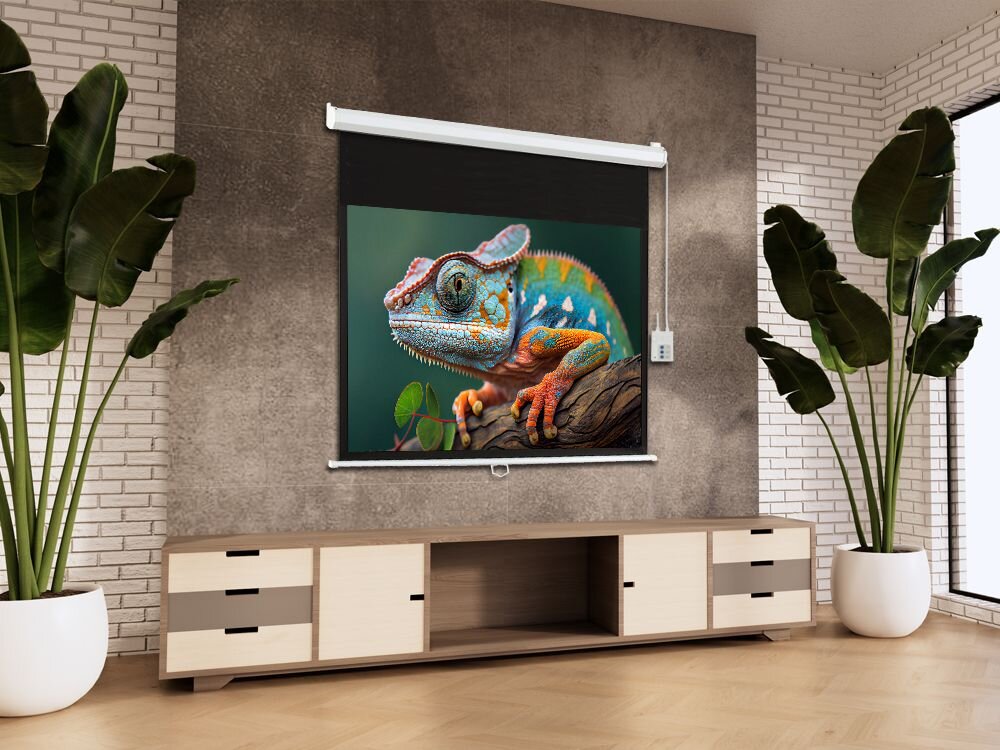 Ekran projekcyjny ART Matt White EM-84 186x105 montaż ścienny montaż sufitowy system mocowań, projektor zawieszony w pomieszczeniu