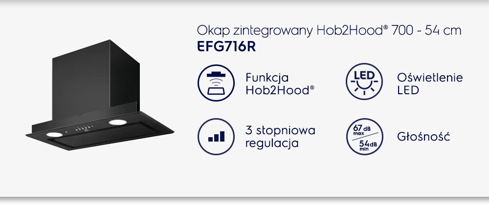 Obraz przedstawia czarny okap kuchenny z funkcją Hob2Hood, oświetleniem LED i 3-stopniową regulacją. Widoczny tekst: \'Okap zintegrowany Hob2Hood 700 - 54 cm EFG716R\', \'Funkcja Hob2Hood\', \'Oświetlenie LED\', \'3 stopniowa regulacja\', \'Głośność 67 dB max, 54 dB min\'.
