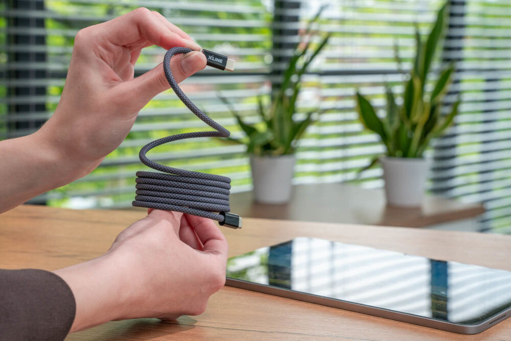Kabel USB-C - USB-C XLINE UC15GMC-CC 100W 1.5 m Szary nylonowy splot wytrzymałość odporność na przetarcia