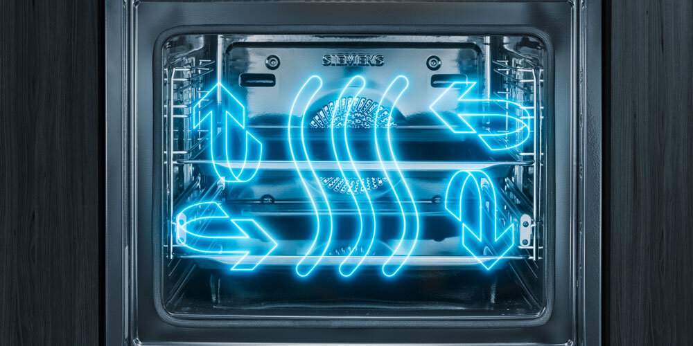 PIEKARNIK SIEMENS HB271ABB3 wizualizacja zdjęcie poglądowe wnętrze niebieskie strzałki kierunki Równomierne nagrzewanie pieczenie na wielu poziomach pizza ciasta placek