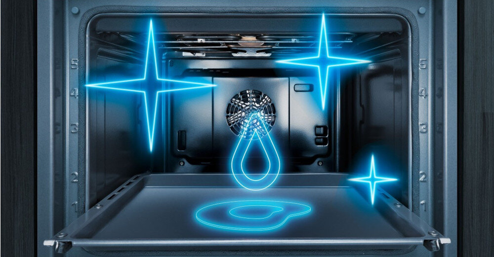 PIEKARNIK SIEMENS HB271ABB3 wizualizacja zdjęcie poglądowe wnętrze niebieskie ikony grafika krople wody gwiazdki HumidClean łatwe czyszczenie utrzymanie czystości zmiękczone zabrudzenia