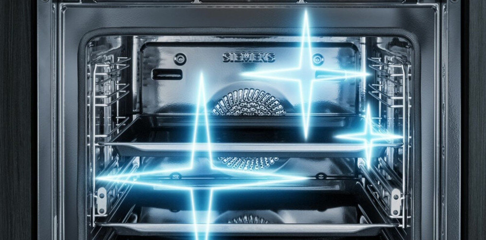 PIEKARNIK SIEMENS HB271ABB3 wizualizacja zdjęcie poglądowe wnętrze niebieskie ikony grafika gwiazdki activeClean spalanie zabrudzeń zanieczyszczeń popiół