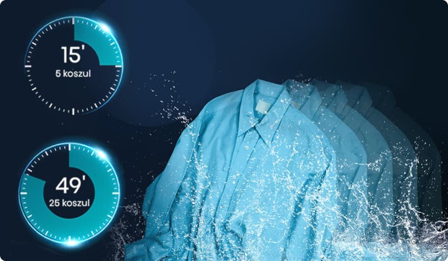 Na obrazie widoczna jest niebieska koszula z efektem rozpryskującej się wody. Obok znajdują się dwa zegary z napisami: \'15\' 5 koszul\' oraz \'49\' 25 koszul\'.