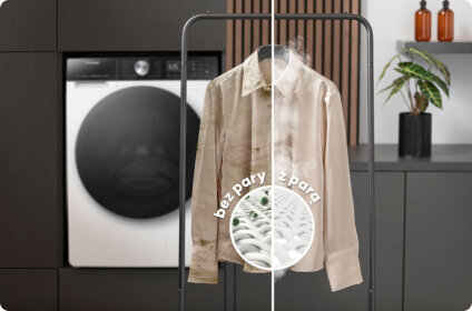 Na obrazie widoczna jest pralka z dużym, ciemnym bębnem oraz koszula na wieszaku, podzielona na część bez pary i z parą. Na koszuli znajduje się okrągły napis \'bez pary z parą\'.