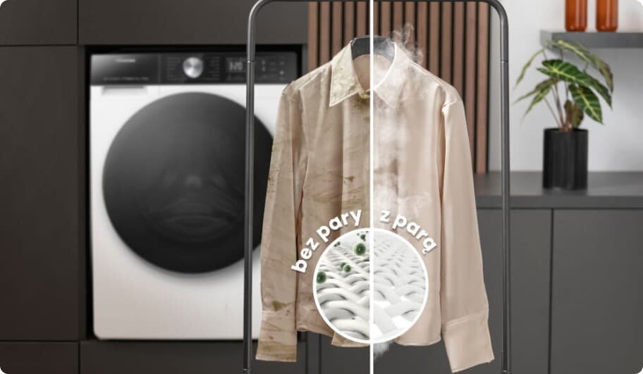 Na obrazie widoczna jest pralka z dużym, ciemnym bębnem oraz koszula na wieszaku, podzielona na dwie części: \'bez pary\' i \'z parą\'. Obok koszuli znajduje się okrągła grafika z napisem \'bez pary z parą\'.