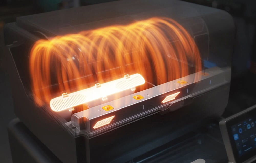 Obraz przedstawia urządzenie z przezroczystą obudową, w której widać pomarańczowe światła i elementy przypominające cewki. Na dole znajduje się panel z przyciskami i wyświetlaczem.