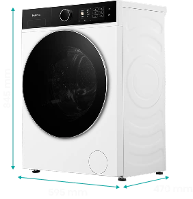 Pralka w kolorze białym z czarnym panelem przednim i okrągłym, przezroczystym oknem. Na panelu widoczne są przyciski i pokrętło sterujące oraz logo HISENSE.