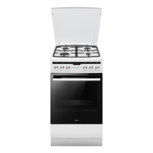 Biała kuchenka z czterema palnikami gazowymi i piekarnikiem z czarnymi drzwiczkami. Na froncie widoczne są pokrętła i wyświetlacz cyfrowy.