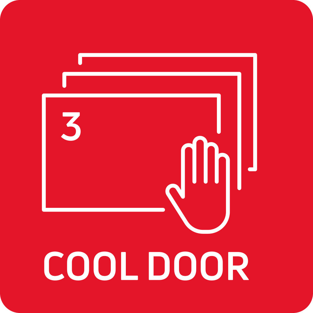 Czerwony kwadratowy znak z białą ikoną dłoni i trzema warstwami oraz napisem \'COOL DOOR\'.
