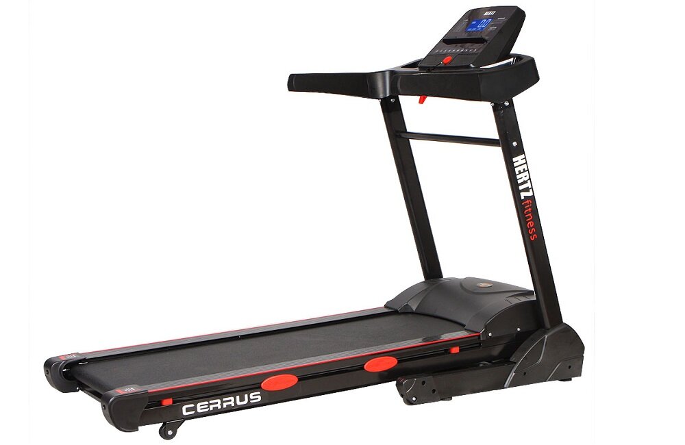 Na obrazie widoczna jest czarna bieżnia elektryczna z czerwonymi akcentami. Na ramie bieżni znajduje się napis \'HERTZ Fitness\' oraz \'CERRUS\'.