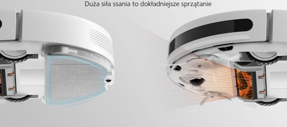 Obraz przedstawia dwa ujęcia robota sprzątającego z widocznymi elementami konstrukcji, takimi jak szczotki i filtry. Na górze znajduje się tekst: \'Duża siła ssania to dokładniejsze sprzątanie\'.