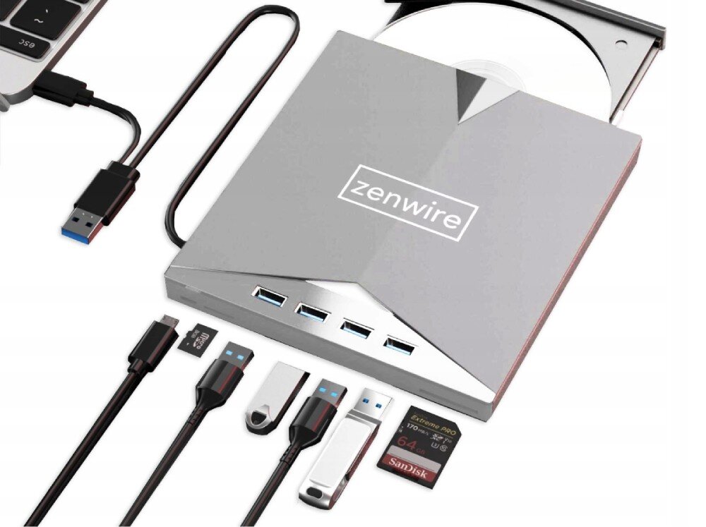 Na obrazie widoczny jest napęd zewnętrzny z logo \'zenwire\', z otwartą tacką na płytę. Obok znajdują się różne kable i nośniki danych, w tym karty pamięci i pendrive\'y.