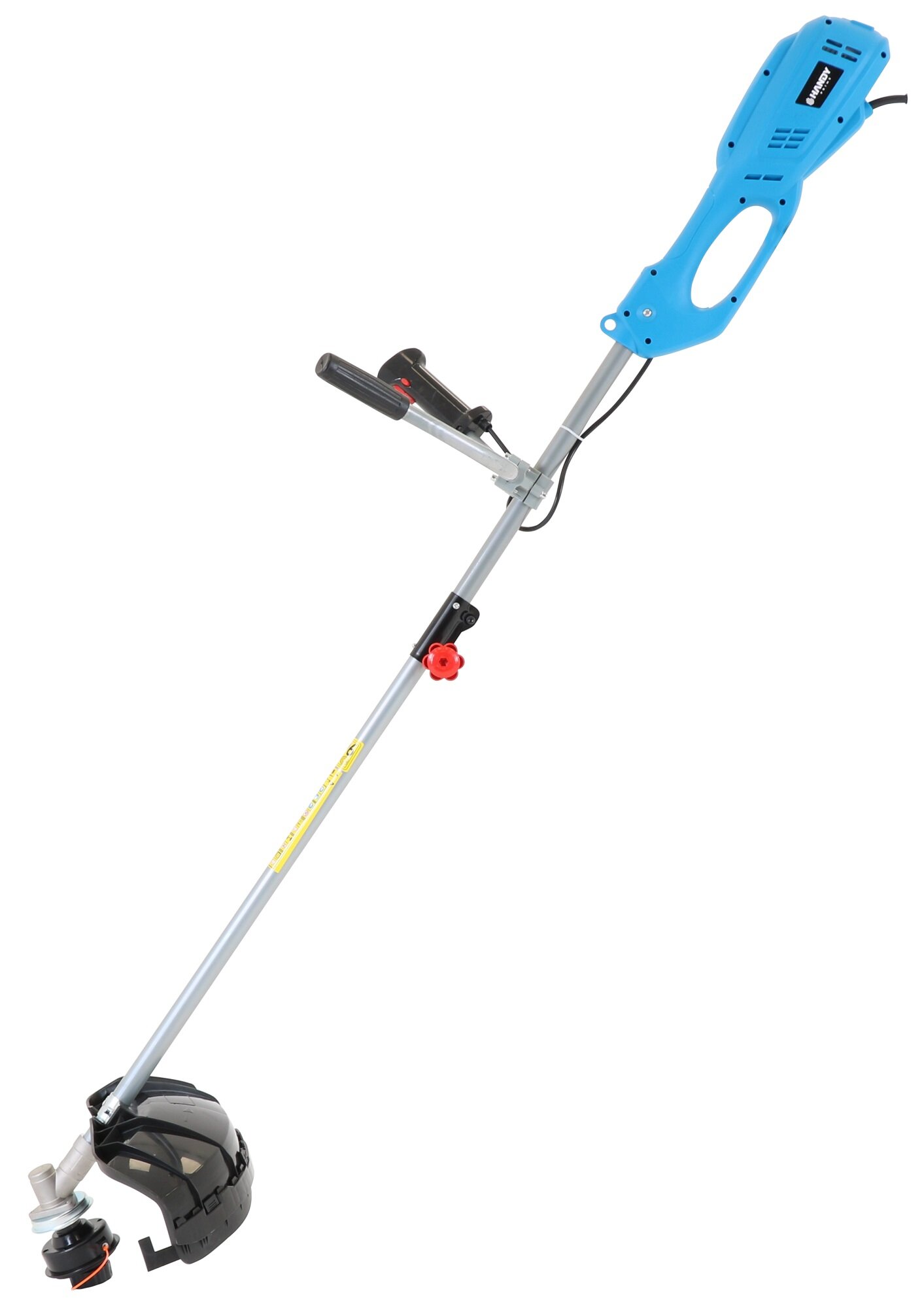 Podkaszarka elektryczna w kolorze niebieskim z czarną osłoną i srebrnym trzonkiem. Na uchwycie widoczne jest logo \'media expert\'.