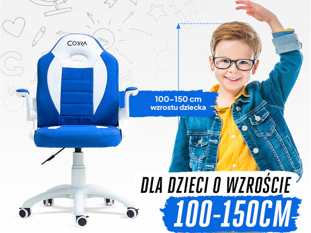 Na obrazie widoczny jest niebiesko-biały fotel gamingowy z napisem \'COBRA\' na zagłówku oraz dziecko w okularach, ubrane w żółtą koszulkę i dżinsową kurtkę. Tekst na obrazie: \'100–150 cm wzrostu dziecka\' oraz \'DLA DZIECI O WZROŚCIE 100-150CM\'.