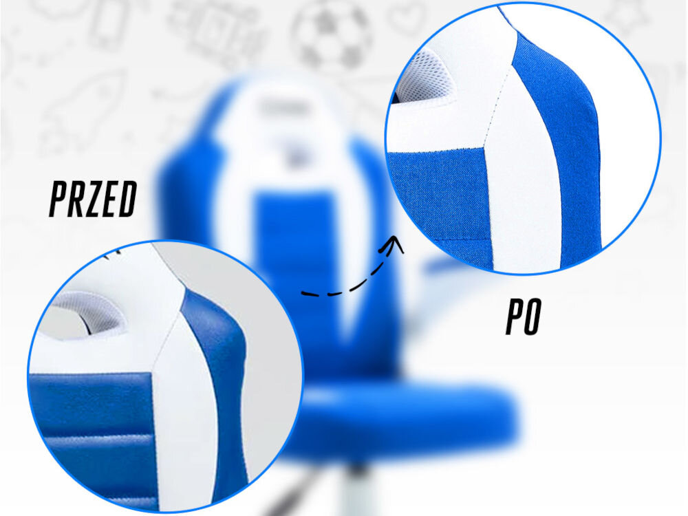 Obraz przedstawia fotel gamingowy w kolorach niebieskim i białym z dwoma zbliżeniami na jego fragmenty. Widoczny jest tekst \'PRZED\' i \'PO\'.