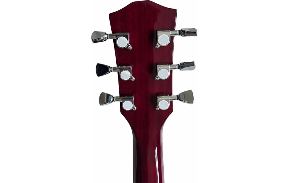 Zdjęcie przedstawia tył główki gitary elektrycznej z sześcioma metalowymi kluczami do strojenia. Główka ma ciemnoczerwony kolor z widocznym połyskiem.