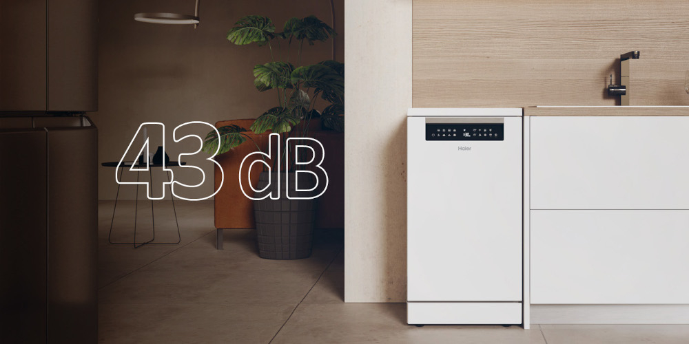 ZMYWARKA HAIER XF1C3TB1FW zdjęcie lifestyle ikona grafika front otwarta naczynia załadunek godzina panel Cicha praca około 43 db bezgłośna praca bez zakłócania spokoju