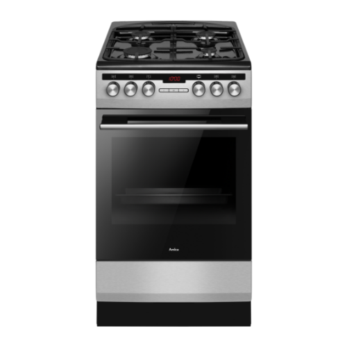 Na obrazie widoczna jest kuchnia wolnostojąca z czterema palnikami gazowymi na górze i piekarnikiem poniżej. Na panelu sterowania znajdują się pokrętła oraz wyświetlacz z czerwonymi cyframi \'12:00\'.