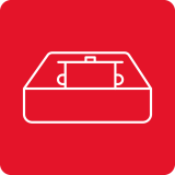 Czerwona ikona z białym konturem garnka umieszczonego na prostokątnej powierzchni.