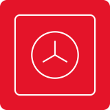 Czerwony kwadrat z białym symbolem przypominającym zegar lub timer w środku.