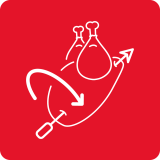 Czerwony kwadrat z białą ikoną przedstawiającą kurczaka na rożnie z dwoma strzałkami wskazującymi obrót.