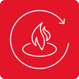 Czerwony kwadrat z białą ikoną płomienia otoczonego strzałką wskazującą obrót zgodnie z ruchem wskazówek zegara.
