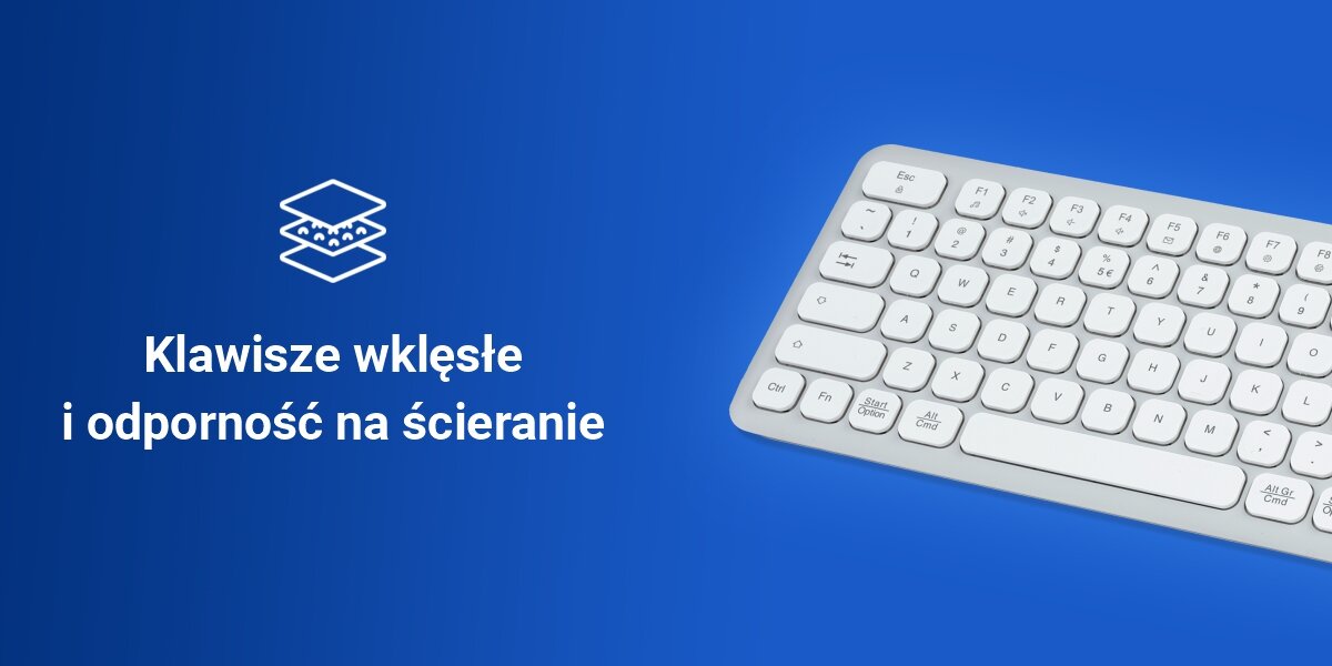 Na niebieskim tle znajduje się biała klawiatura z widocznymi klawiszami. Obok niej widnieje tekst: \'Klawisze wklęsłe i odporność na ścieranie\'.