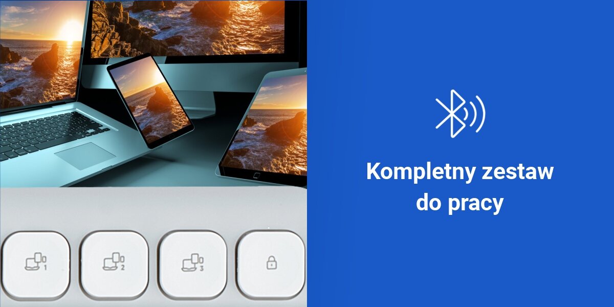 Obraz przedstawia kilka urządzeń elektronicznych z wyświetlonym krajobrazem oraz cztery przyciski z symbolami i ikoną kłódki. Po prawej stronie znajduje się niebieskie tło z ikoną Bluetooth i napisem \'Kompletny zestaw do pracy\'.