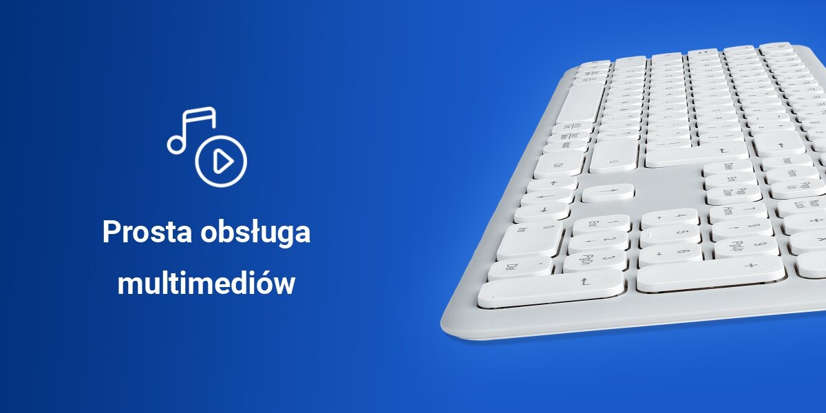 Na niebieskim tle znajduje się biało-szara klawiatura oraz ikona nuty i przycisku odtwarzania. Obok widnieje tekst: \'Prosta obsługa multimediów\'.