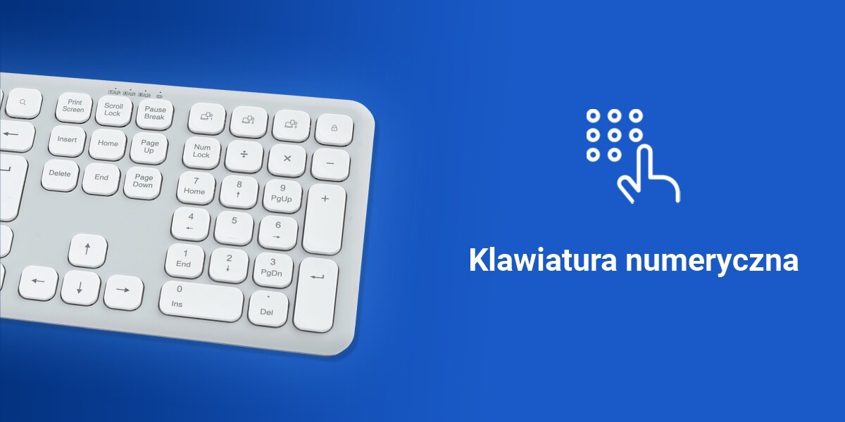Na niebieskim tle widoczna jest biała klawiatura numeryczna z kilkoma klawiszami funkcyjnymi. Obok znajduje się ikona przedstawiająca palec wskazujący na dziewięć kropek oraz napis \'Klawiatura numeryczna\'.
