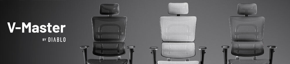 Fotel DIABLO CHAIRS V-Master Czarno-szary prezentacja fotela w trzech wariantach kolorystycznych od przodu na szarym tle z napisem modelu i marki