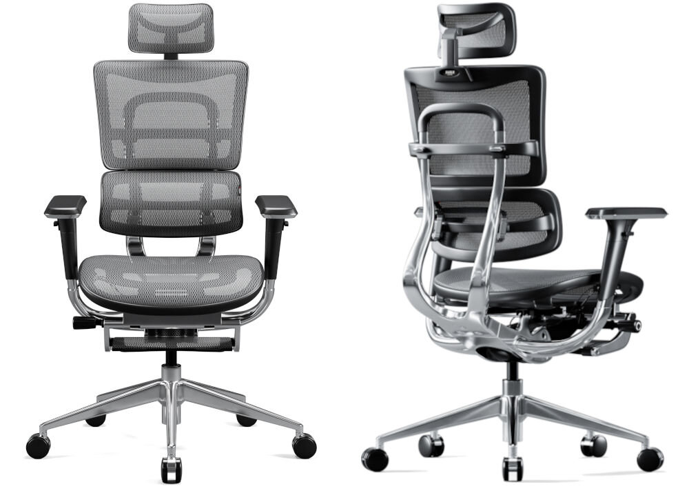 Fotel DIABLO CHAIRS V-Master Czarno-szary prezentacja fotela od przodu i od tyłu pod kątem na białym tle ekskluzywny fotel ergonomiczny do biura design V-Mesh