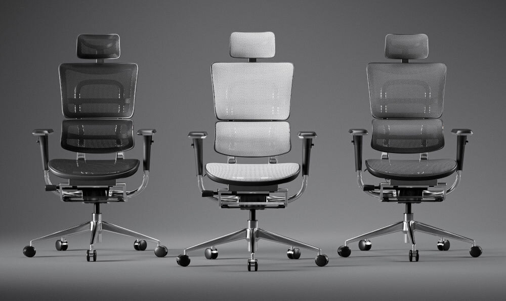 Fotel DIABLO CHAIRS V-Master Czarno-szary prezentacja foteli w trzech kolorach do wyboru od przodu na szarym tle kolorystyki design dopasowanie wnętrze