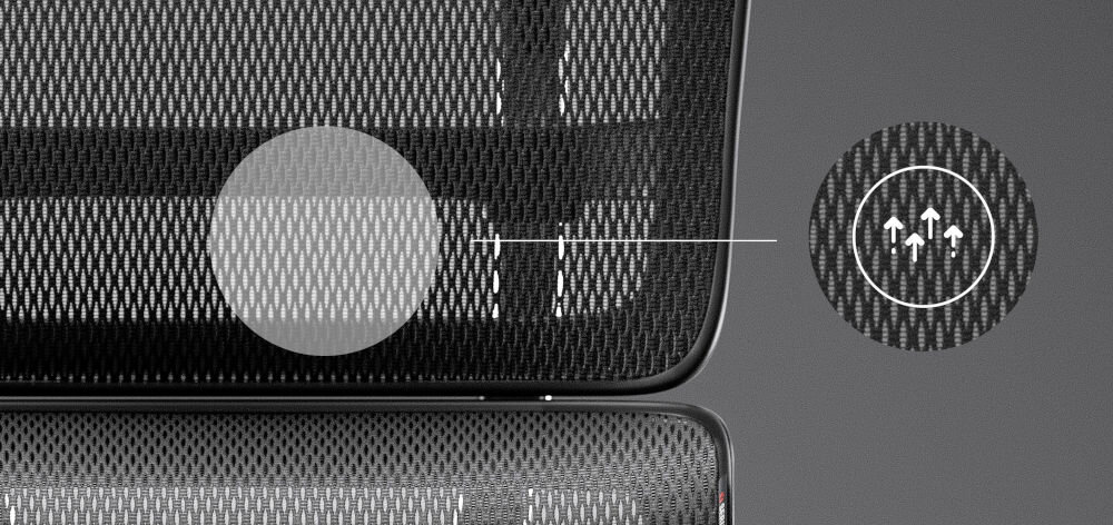 Fotel DIABLO CHAIRS V-Master Czarno-szary zbliżenie na siatkę zastosowaną w fotelu szare tło mocna siatka V-Mesh oddychalność komfort trwałość estetyka design