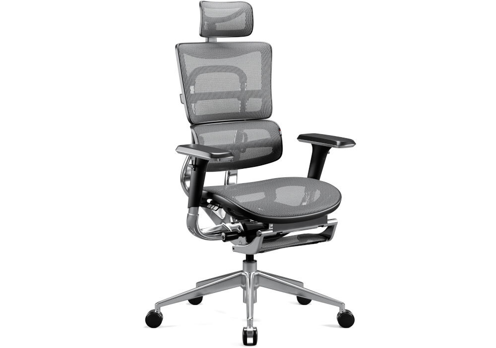 Fotel DIABLO CHAIRS V-Master Czarno-szary prezentacja fotela od przodu pod kątem na białym tle ergonomiczny komfort regulacje wsparcie postawy zdrowe nawyki