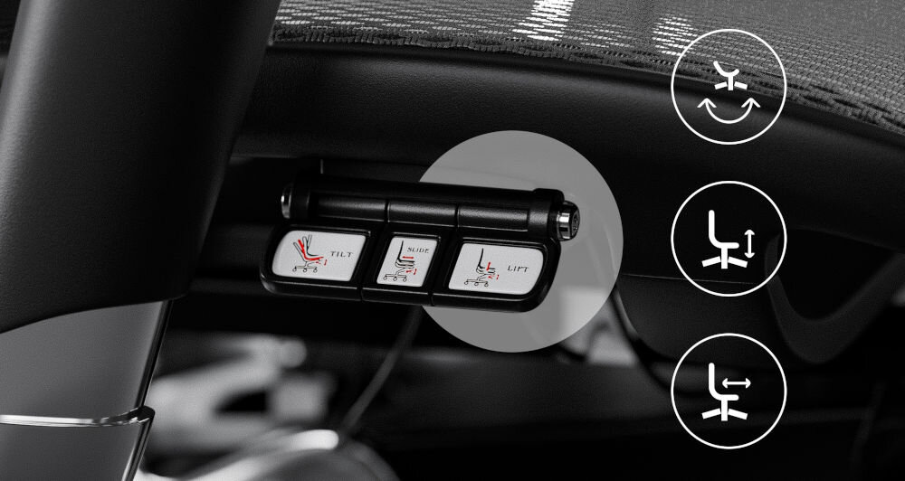 Fotel DIABLO CHAIRS V-Master Czarno-szary zbliżenie na przyciski do sterowania mechanizmami z ikonami możliwej regulacji regulacja wysokości głębokości siedziska kąta nachylenia oparcia estetyczne przyciski łatwe sterowanie