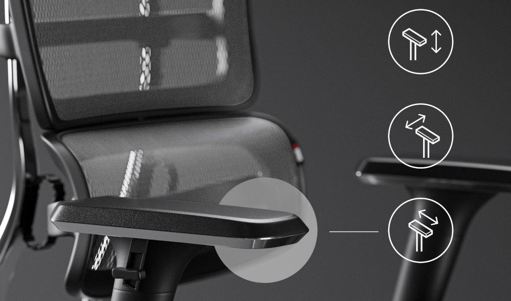 Fotel DIABLO CHAIRS V-Master Czarno-szary zbliżenie na podłokietniki na szarym tle ikonki z możliwą regulacją regulowane podłokietniki prawo-lewo góra-dół przód-tył stabilizacja sylwetki ergonomia