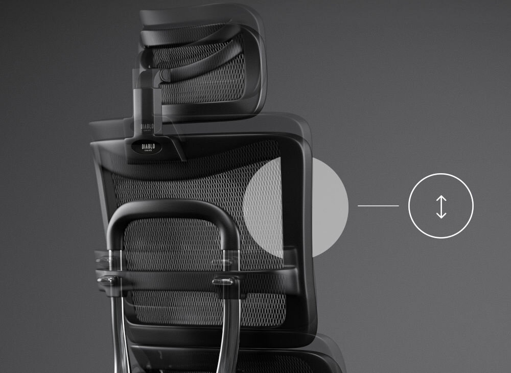 Fotel DIABLO CHAIRS V-Master Czarno-szary prezentacja możliwości regulacji wysokości oparcia na szarym tle regulacja wysokości oparcia wsparcie lędźwiowego odcinka ergonomia komfort