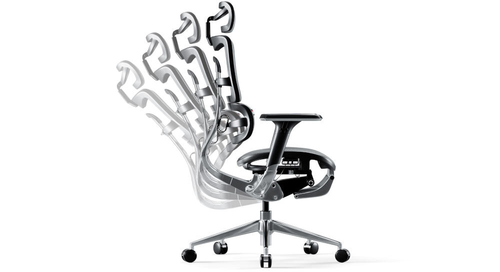 Fotel DIABLO CHAIRS V-Master Czarno-szary prezentacja możliwości trybu bujania na białym tle tryb bujania blokada oparcia regulacja kąta 90 do 135 stopni komfort