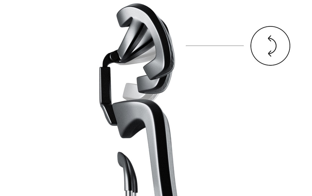 Fotel DIABLO CHAIRS V-Master Czarno-szary zbliżenie na zagłówek fotela i pokazanie jego możliwej regulacji na białym tle regulowany zagłówek wsparcie szyi komfort ergonomia