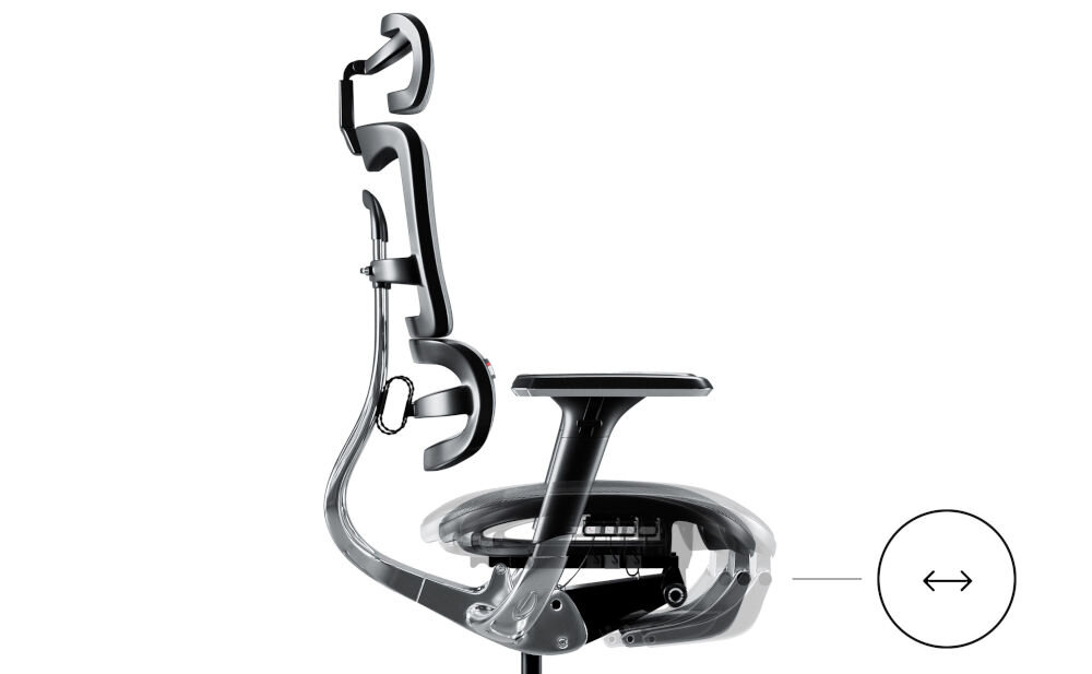 Fotel DIABLO CHAIRS V-Master Czarno-szary prezentacja możliwości regulacji głębokości siedzenia na białym tle regulacja głębokości siedziska wygoda ergonomia wsparcie nóg