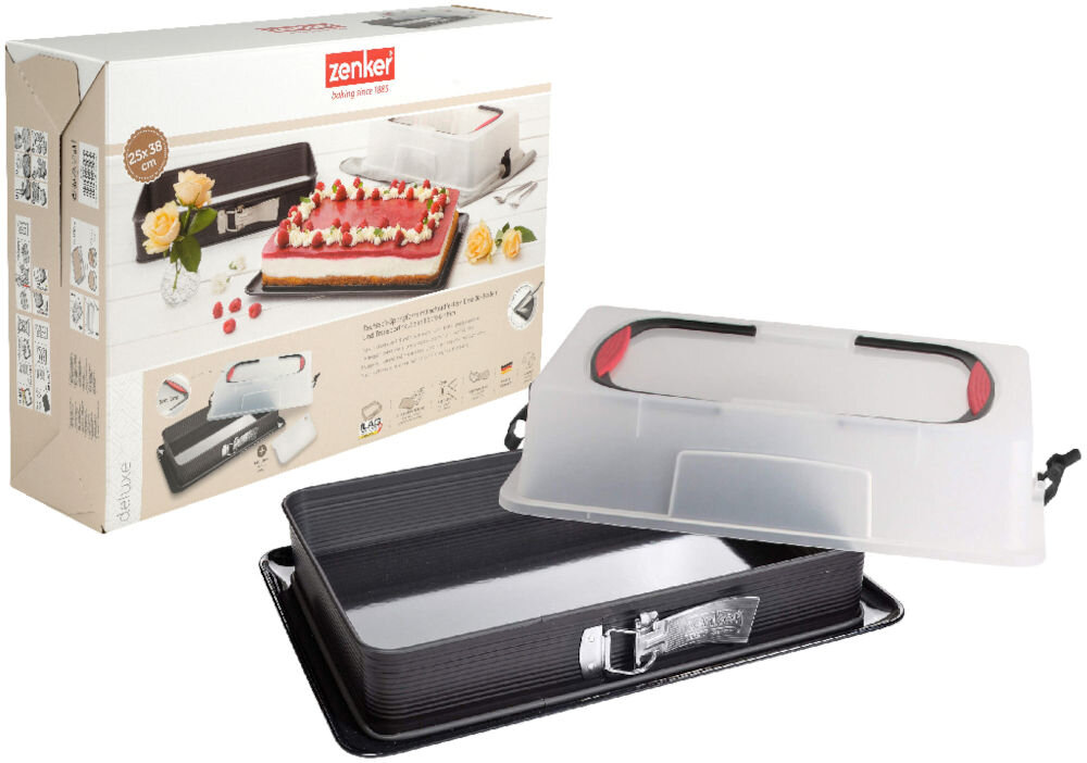 Na obrazie widoczna jest forma do pieczenia z pokrywą oraz opakowanie z logo \'zenker\'. Forma ma prostokątny kształt i metalowe zapięcie, a pokrywa jest przezroczysta z czarnymi uchwytami.
