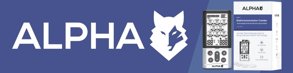 Obraz przedstawia elektrostymulator z wyświetlaczem i przyciskami oraz opakowanie z napisem \'ALPHA Elektrostymulator Combo\'. Obok znajduje się logo ALPHA z sylwetką wilka.