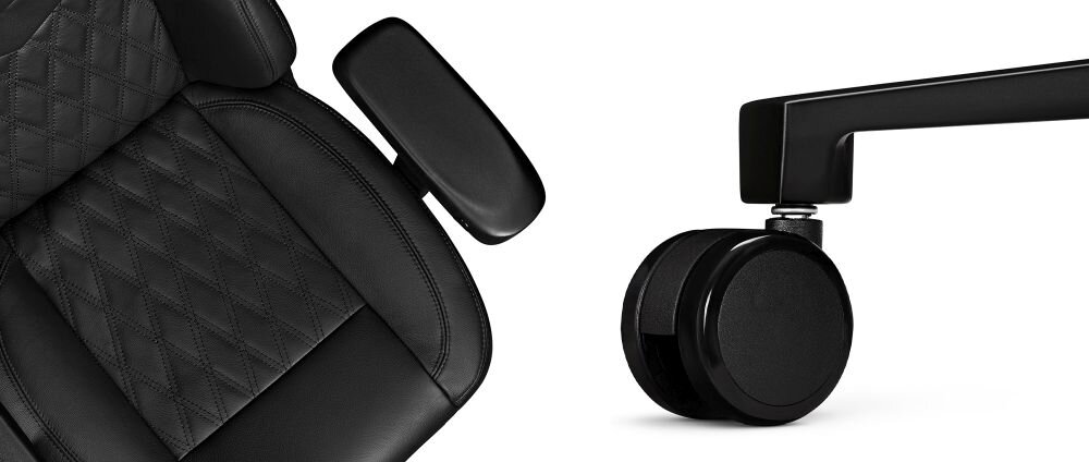 Czarny fotel z naturalnej skóry z widocznym pikowanym wzorem na siedzisku i podłokietnikiem. Obok znajduje się czarne kółko fotela z ramieniem.