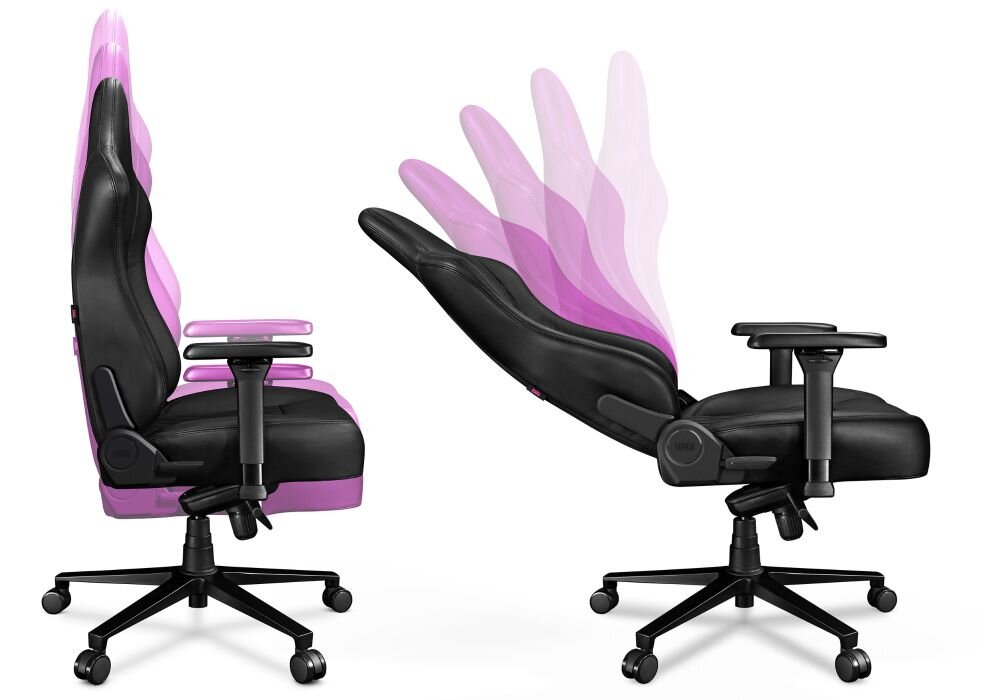 Obraz przedstawia czarny fotel gamingowy z funkcją regulacji oparcia, pokazany z boku w dwóch pozycjach. Fotel posiada podłokietniki i jest umieszczony na pięcioramiennej podstawie z kółkami.