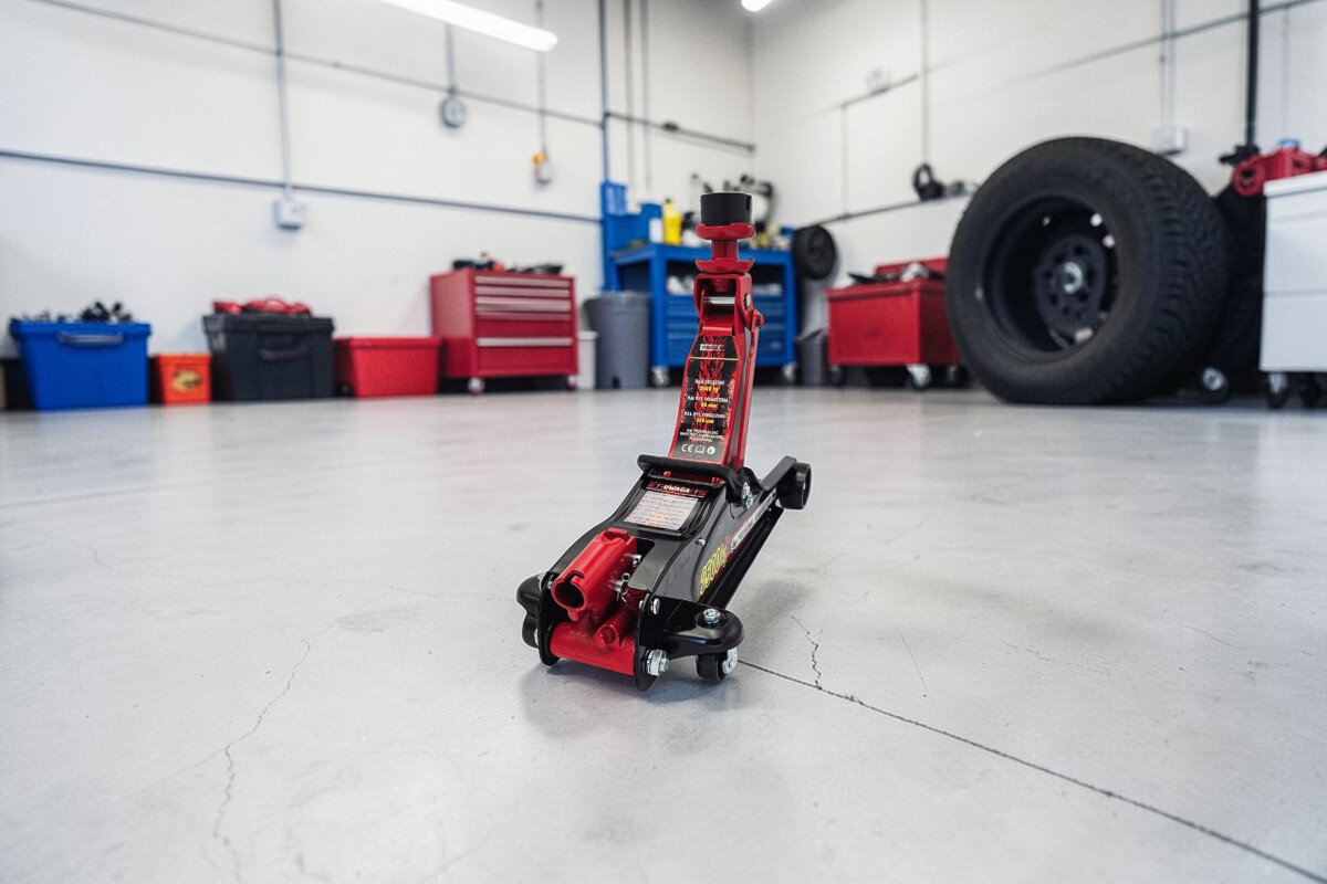 Na podłodze warsztatu znajduje się czerwono-czarny podnośnik hydrauliczny. W tle widoczne są narzędzia i opony.