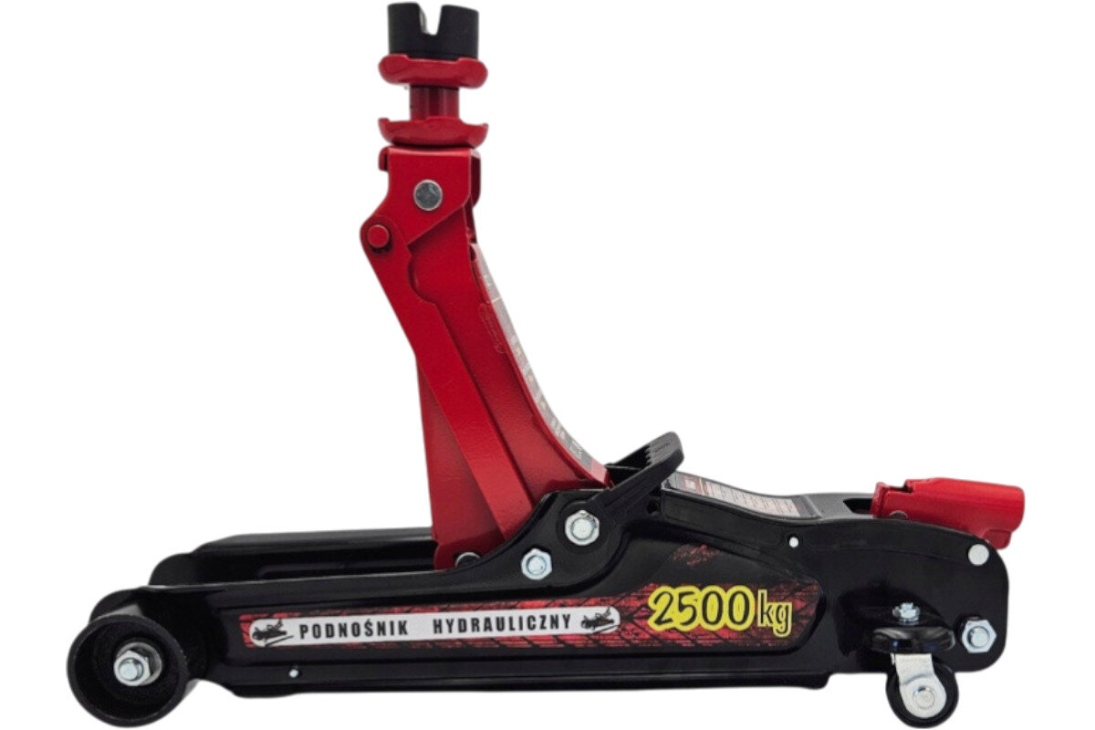 Na obrazie widoczny jest czerwono-czarny podnośnik hydrauliczny z napisem \'PODNOŚNIK HYDRAULICZNY 2500 kg\'.