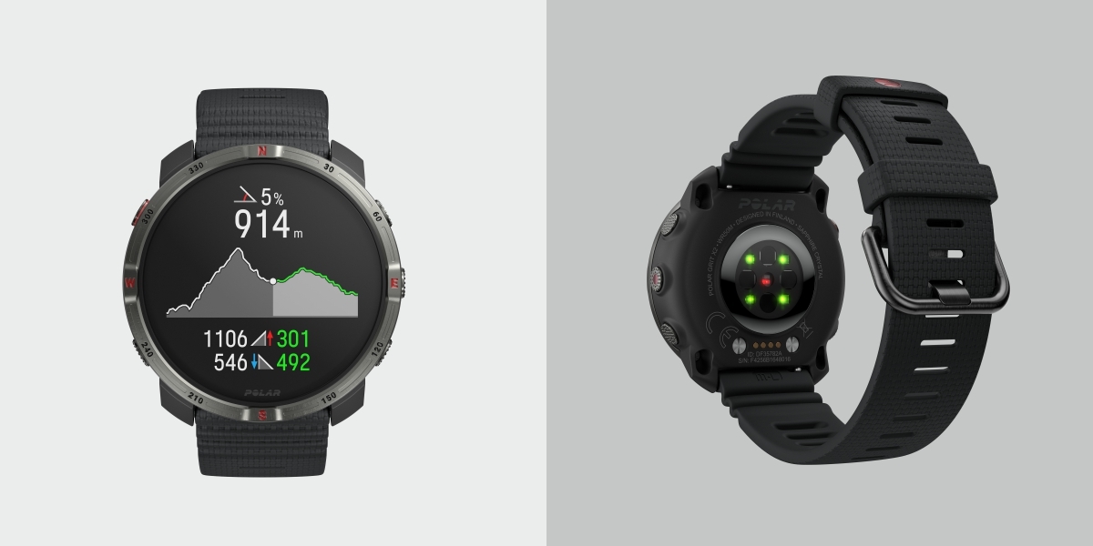 Zegarek sportowy z czarnym paskiem, na wyświetlaczu widoczny jest wykres wysokości 914 m oraz wartości 1106, 301, 546, 492. Tył zegarka pokazuje czujniki i zapięcie paska.